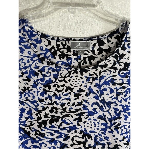 My Collections White Royal Blue Black Stretch 3/4 Sleeve Blouse Woman’s Large - Picture 3 of 8